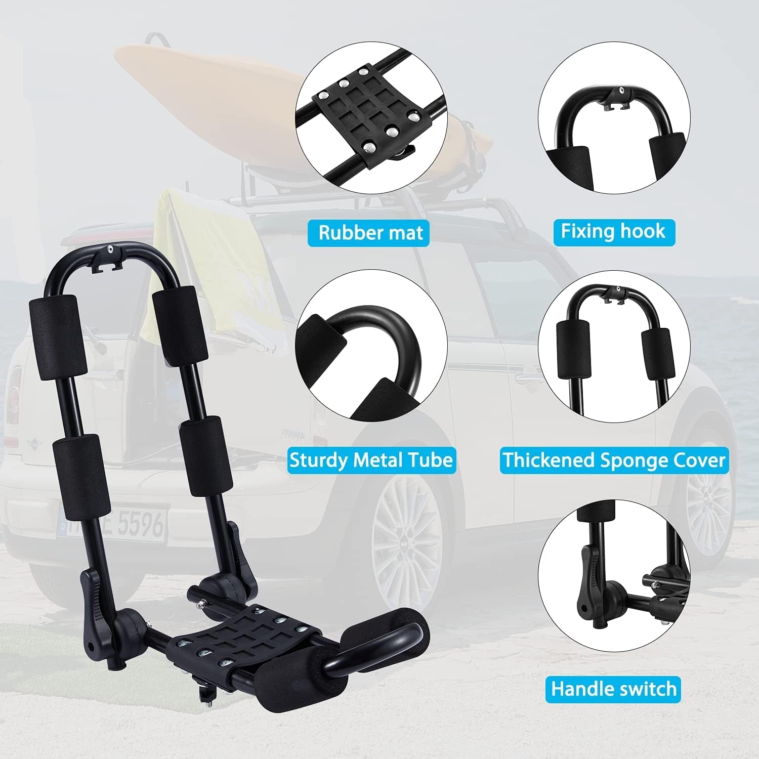 Folding Kayak Rack, 2 Pairs J-Bar Heave Duty Steel Roof Rack Carrier with 4 Pcs Tie down Straps for Canoe/Sup/Kayaks/Surfboard/Ski Board Mount on Crossbar Suv/Car/Truck/Vehicle, Black