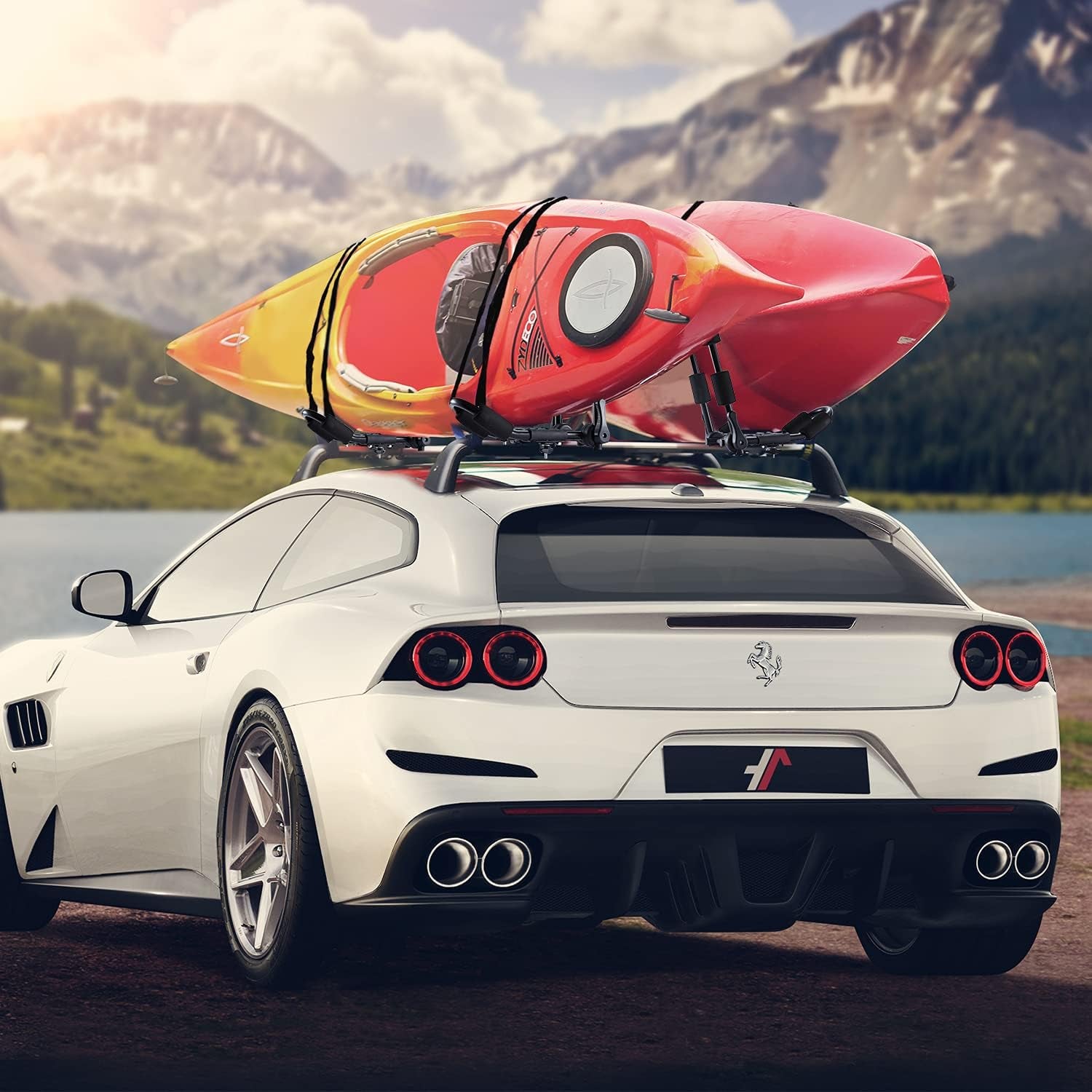 Folding Kayak Rack, 2 Pairs J-Bar Heave Duty Steel Roof Rack Carrier with 4 Pcs Tie down Straps for Canoe/Sup/Kayaks/Surfboard/Ski Board Mount on Crossbar Suv/Car/Truck/Vehicle, Black