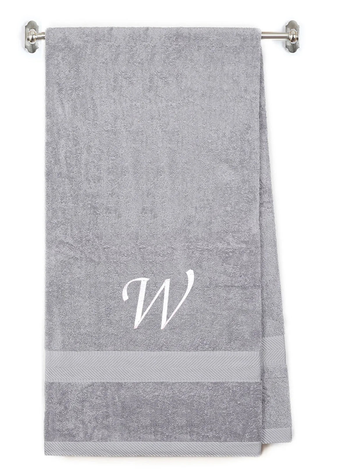 Embroidered Terry Cotton Bath Towel for Bath, Shower, Cover up Towel for Swimming Pool, Fitness and Beach - 35 X 65 Inches - Silver Color Towel - White Script Initial W