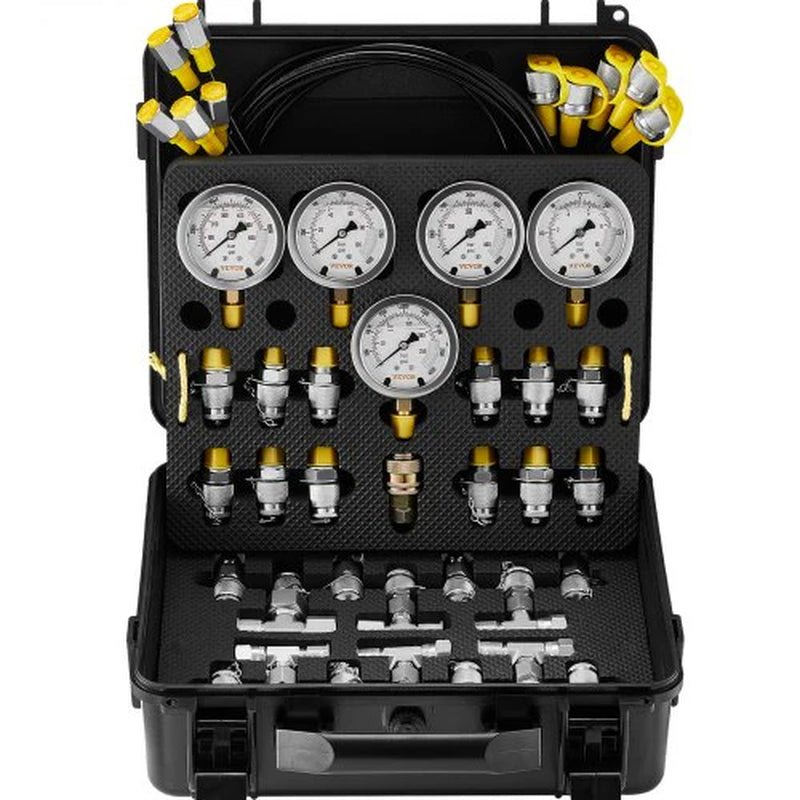 VEVOR Hydraulic Pressure Test Kit, 10/100/250/400/600Bar, 5 Gauges 13 Couplings 14 Tee Connectors 5 Test Hoses, Excavator Hydraulic Test Gauge Set with Carrying Case for Excavator Tractors Machinery
