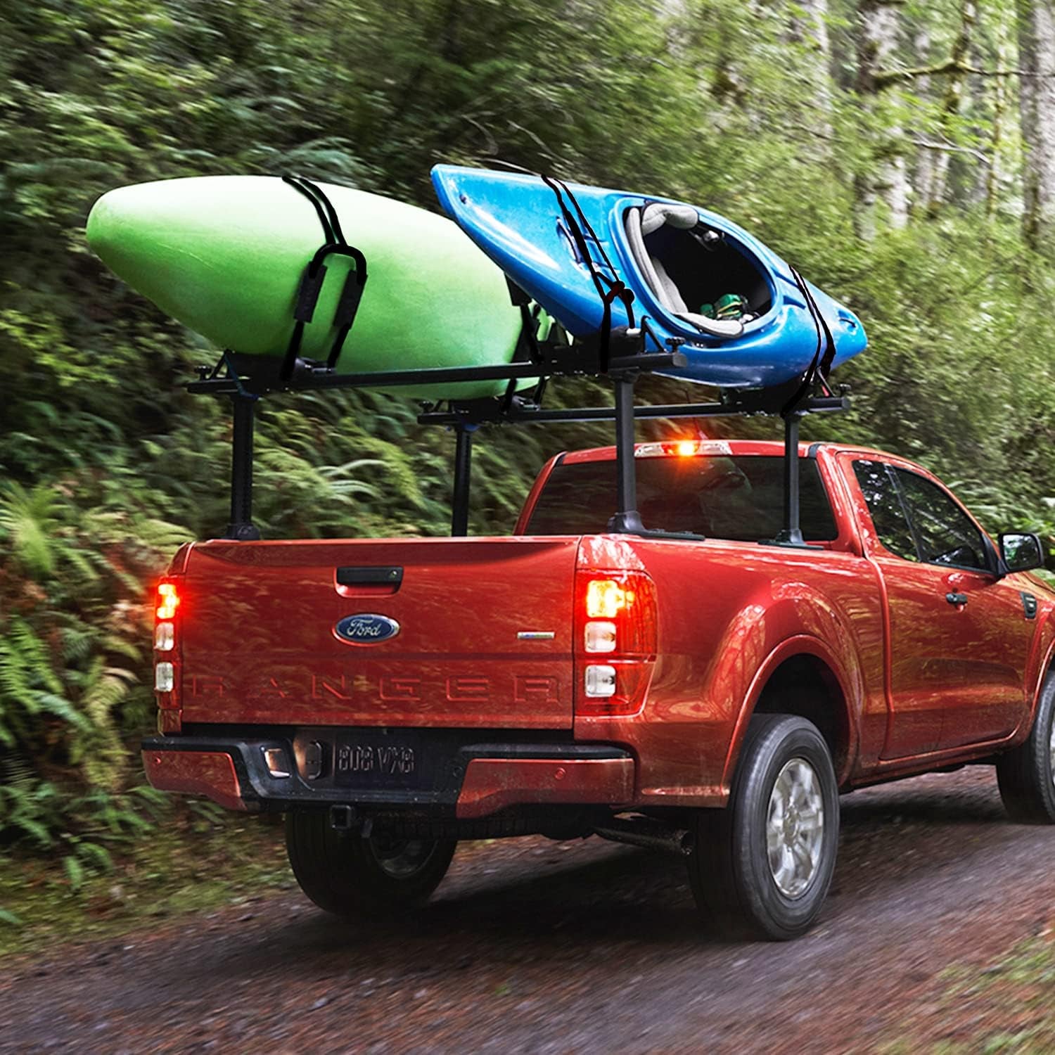 Folding Kayak Rack, 2 Pairs J-Bar Heave Duty Steel Roof Rack Carrier with 4 Pcs Tie down Straps for Canoe/Sup/Kayaks/Surfboard/Ski Board Mount on Crossbar Suv/Car/Truck/Vehicle, Black