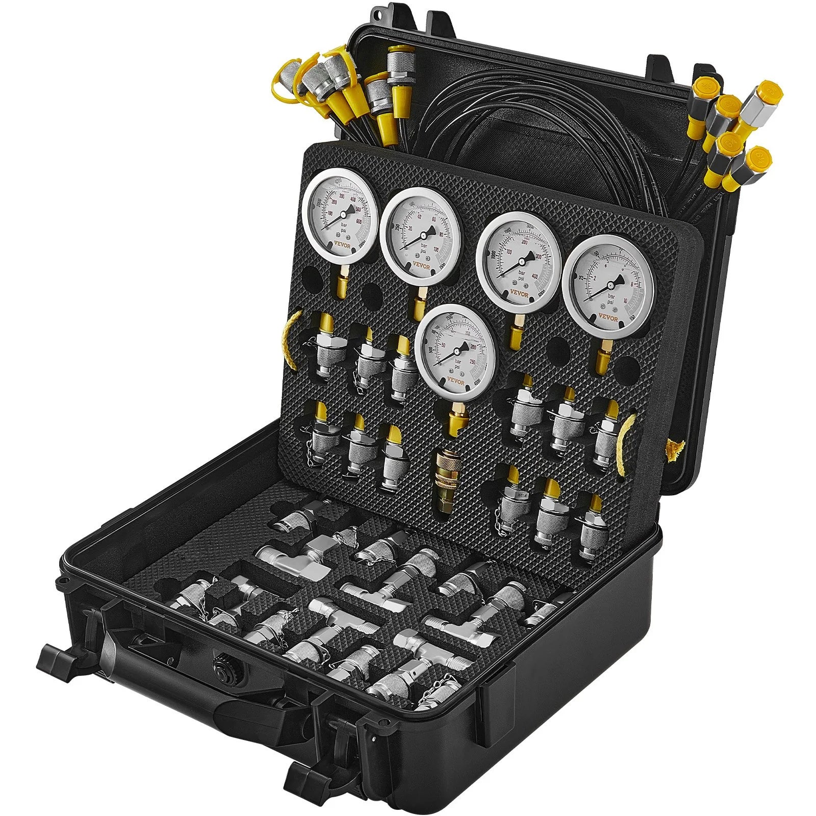 VEVOR Hydraulic Pressure Test Kit, 10/100/250/400/600Bar, 5 Gauges 13 Couplings 14 Tee Connectors 5 Test Hoses, Excavator Hydraulic Test Gauge Set with Carrying Case for Excavator Tractors Machinery