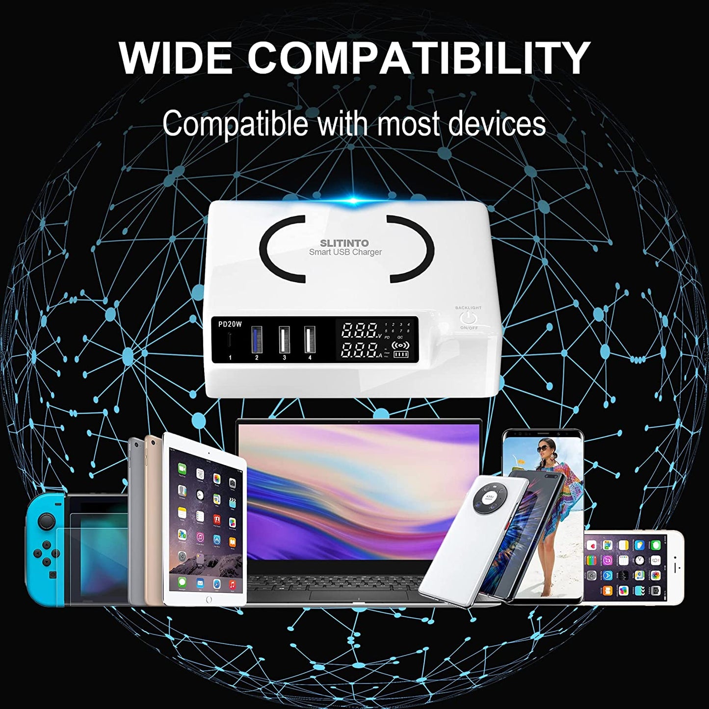 USB Charger Upgraded Version, 65W 12A 4-Port USB Charging Station 20W PD Charger and QC3.0 Multi Port USB C Charger Hub with Adjust Brightness LCD Display for Iphone Ipad Huawei and More