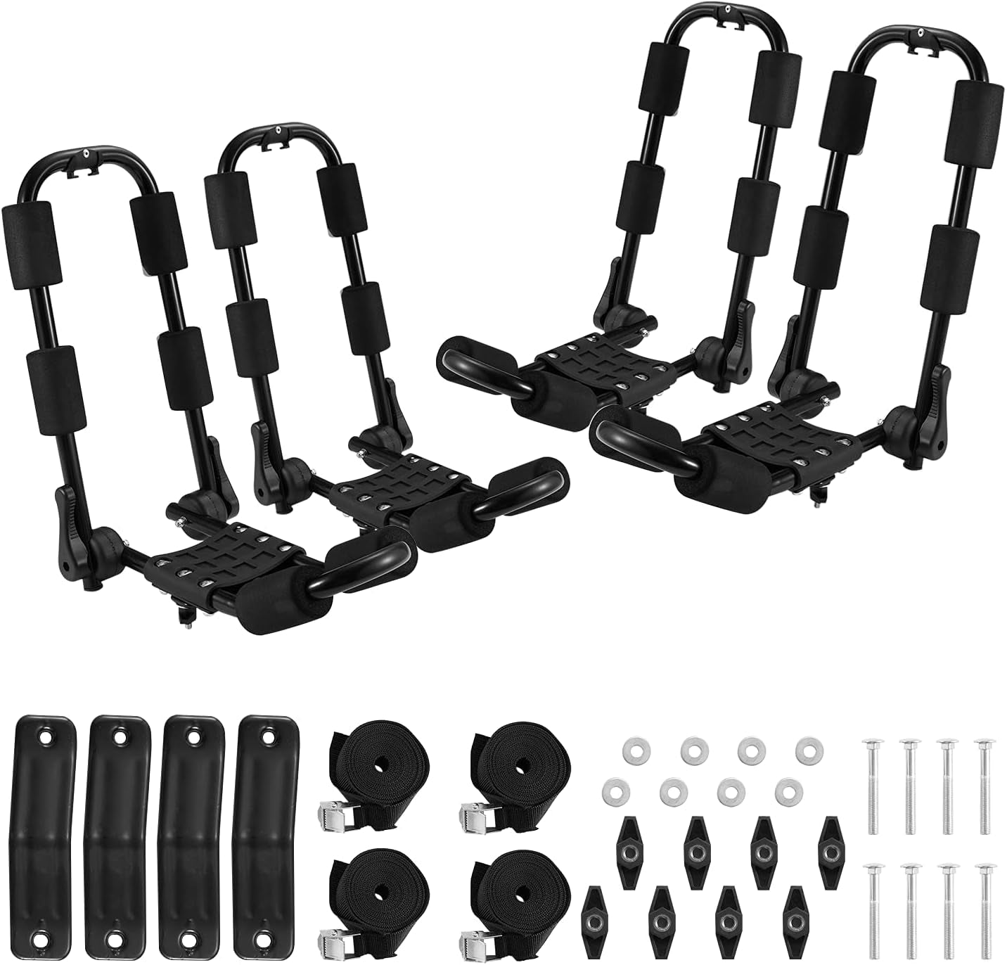 Folding Kayak Rack, 2 Pairs J-Bar Heave Duty Steel Roof Rack Carrier with 4 Pcs Tie down Straps for Canoe/Sup/Kayaks/Surfboard/Ski Board Mount on Crossbar Suv/Car/Truck/Vehicle, Black
