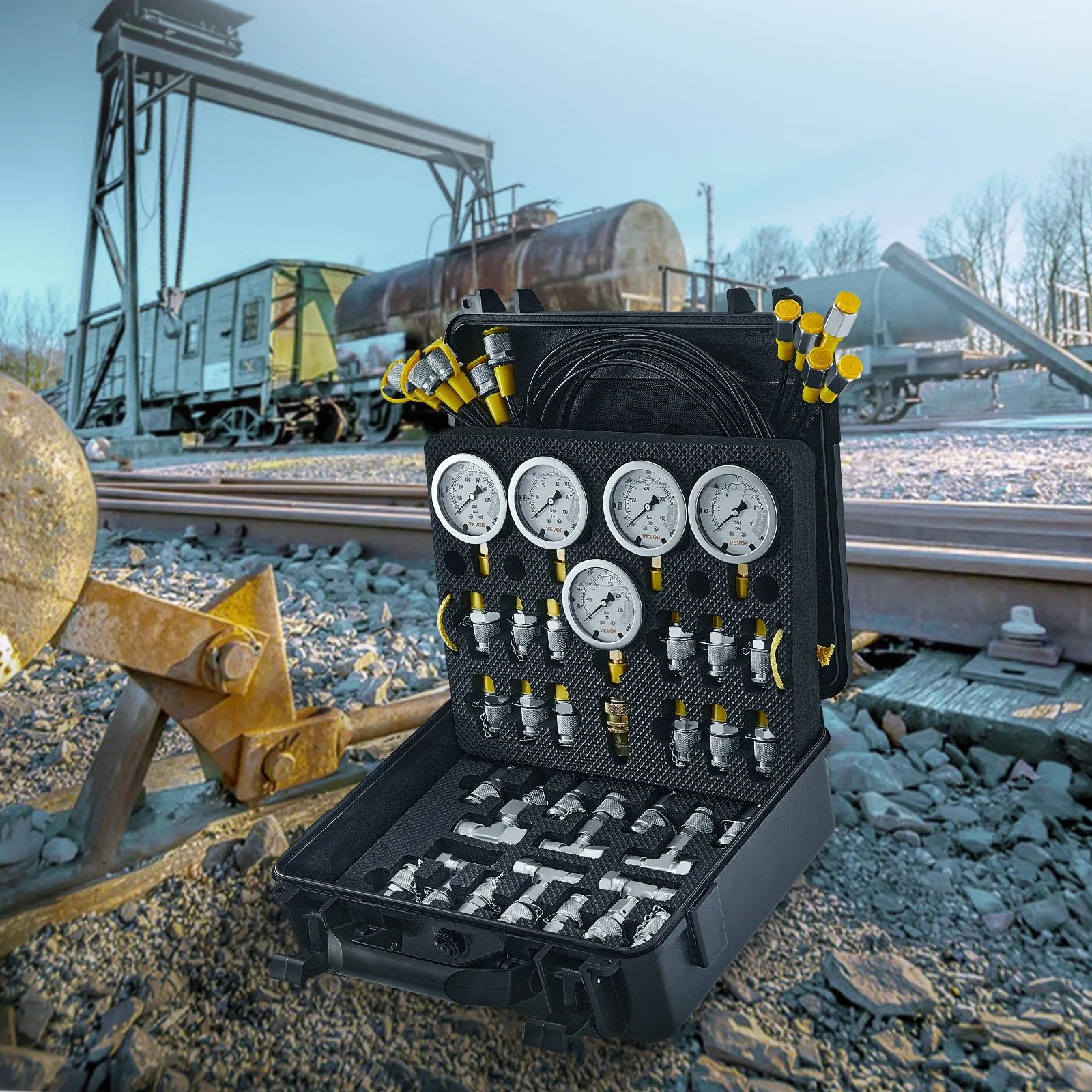 VEVOR Hydraulic Pressure Test Kit, 10/100/250/400/600Bar, 5 Gauges 13 Couplings 14 Tee Connectors 5 Test Hoses, Excavator Hydraulic Test Gauge Set with Carrying Case for Excavator Tractors Machinery