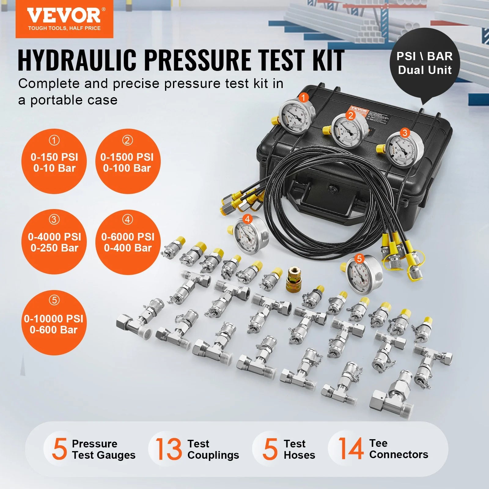 VEVOR Hydraulic Pressure Test Kit, 10/100/250/400/600Bar, 5 Gauges 13 Couplings 14 Tee Connectors 5 Test Hoses, Excavator Hydraulic Test Gauge Set with Carrying Case for Excavator Tractors Machinery