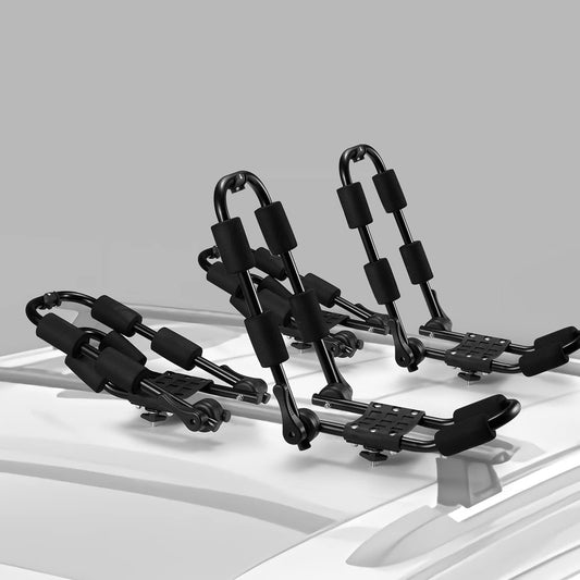 Folding Kayak Rack, 2 Pairs J-Bar Heave Duty Steel Roof Rack Carrier with 4 Pcs Tie down Straps for Canoe/Sup/Kayaks/Surfboard/Ski Board Mount on Crossbar Suv/Car/Truck/Vehicle, Black